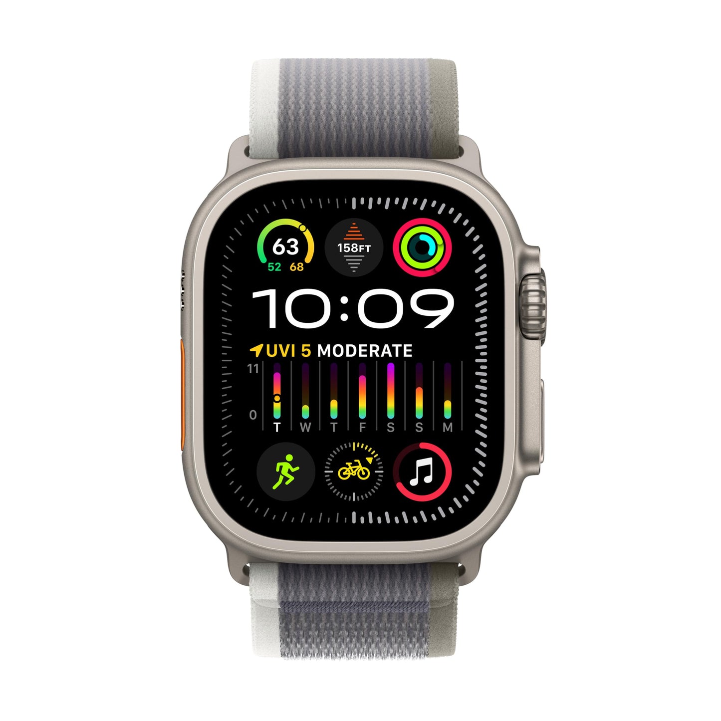Apple Watch Ultra 2 (GPS + Cellular) 49mm Titanium Case with Green/Gray Trail Loop S/M - MRF33LL/A
