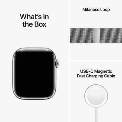 Apple Series 8 GPS+Cellular 45mm Silver SS Case Milanese Loop - Silver - MNKG3LL/A